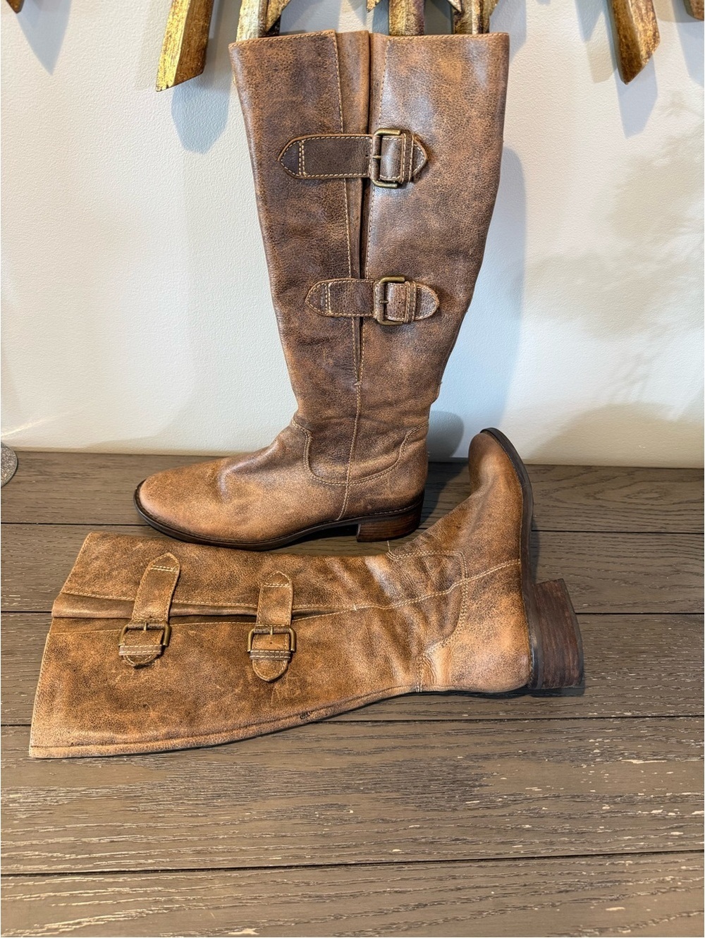 Ecco Distressed Brown Leather Knee Boots with Buckle Straps